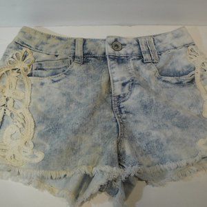 Rewind Distressed Denim Shorts with Fancy embroidered lace detail Size 1
